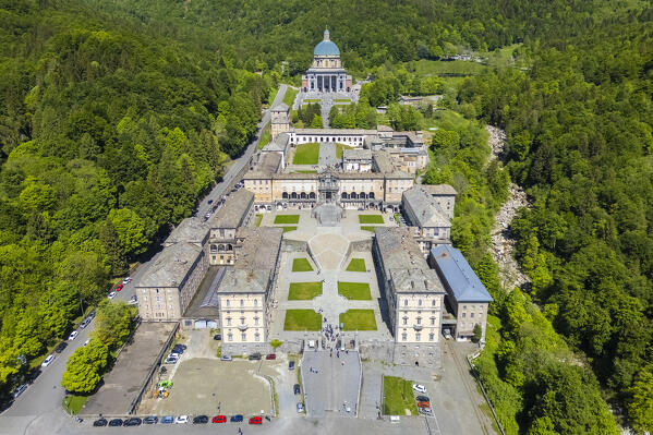 Aerial view of the Sanctuary of Oropa in summer. Biella, Biella district, Piedmont, Italy, Europe.