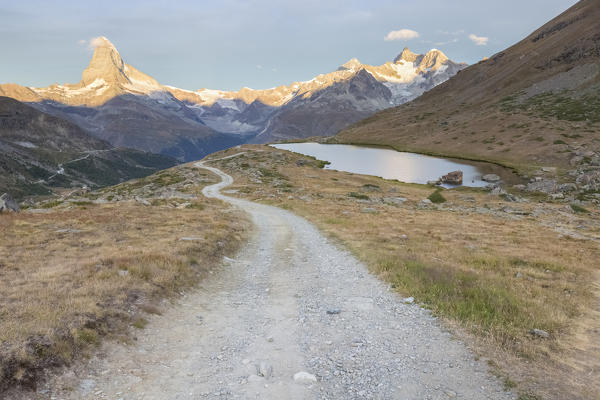 Trail in front of Matterhorn, near Stellisee Lake, Zermatt, Switzerland.