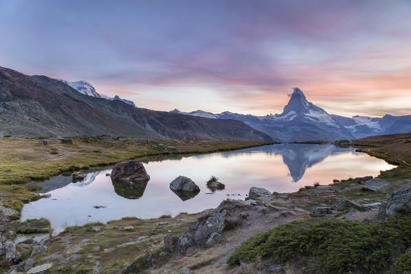 Matterhorn reflection on Stellisee Lake, Zermatt, Switzerland.