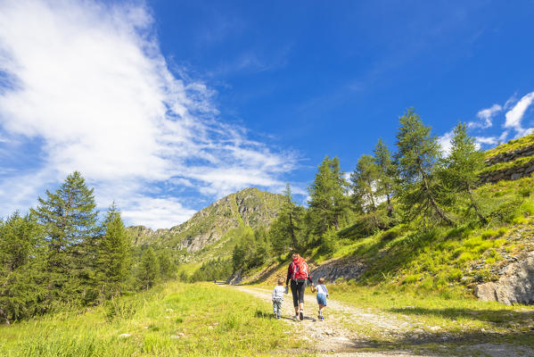 Mother and sons walking on footpath towards Magnolta, Palabione, Aprica, Sondrio province, Valtellina, Lombardy, Italy