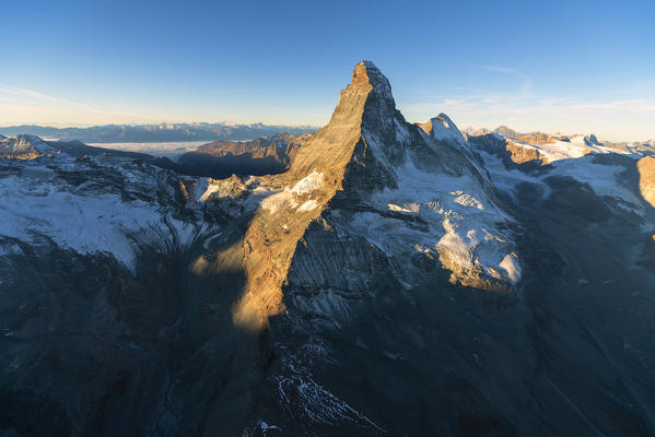 Aerial view of Matterhorn during sunrise, Zermatt, canton of Valais, Switzerland