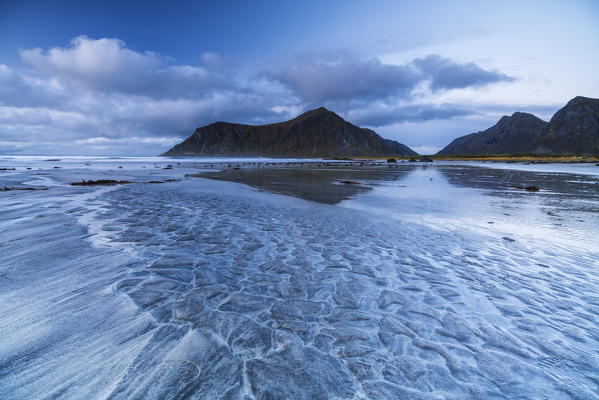 Dusk lights above Skagsanden beach, Flakstad, Nordland county, Lofoten Islands, Norway