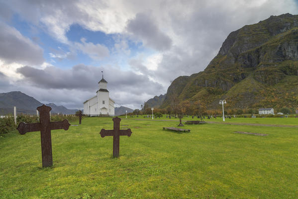 Church and cemetery of Gimsoy, Nordland county, Lofoten Islands, Norway