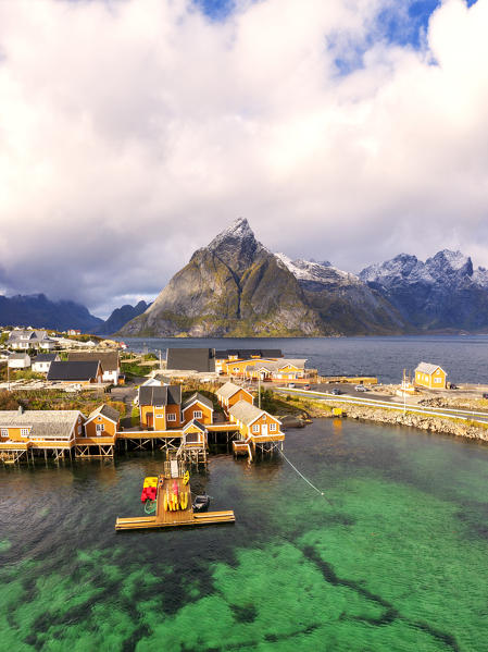 Panoramic of transparent sea and fishing village of Sakrisoy, Reine, Nordland, Lofoten Islands, Norway