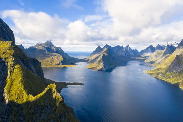 Aerial view of mountains and sea surrounding Reine Bay, Moskenes, Nordland, Lofoten Islands, Norway