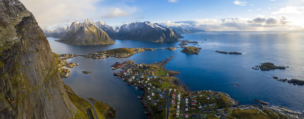 Panoramic aerial view of Reine Bay, Moskenes, Nordland, Lofoten Islands, Norway