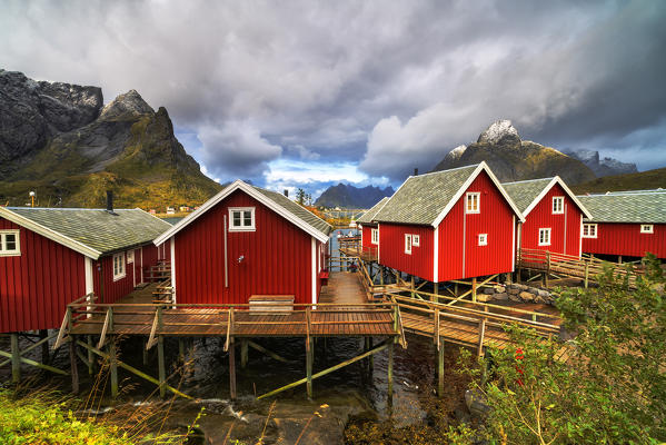 Iconic red fishermen's cabins (Rorbu), Reine, Nordland, Lofoten Islands, Norway