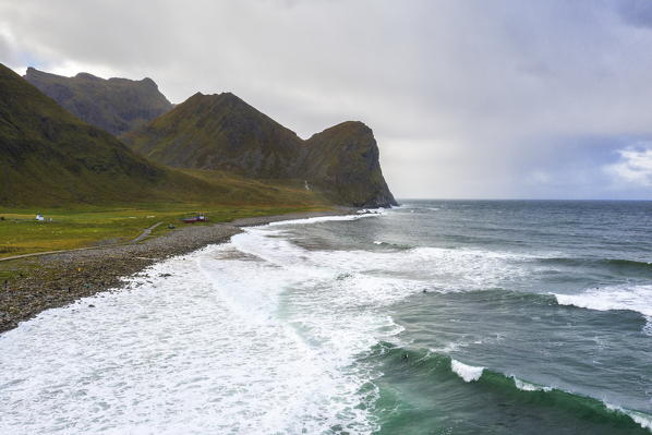 Waves crashing on the shore, Unstad, Vestvagoy, Lofoten Islands, Norway