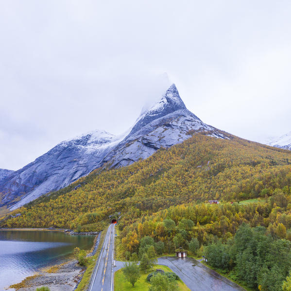 Aerial panoramic of the coastal road towards the Stetind mountain in autumn, Tysfjord, Nordland, Norway