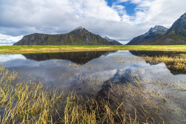 Mountains mirrored in the cold sea, Flakstad, Nordland county, Lofoten Islands, Norway