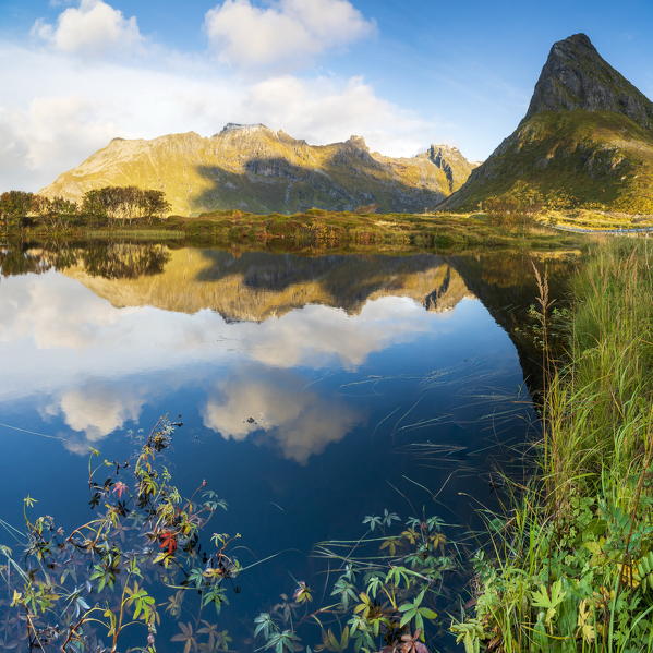 Panoramic of mount Volanstinden and fjord during autumn, Fredvang, Nordland county, Lofoten Islands, Norway