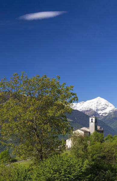 Church of Sant'Andrea with Monte Legnone in background, Civo, Costiera dei Cech, Sondrio, Valtellina, Lombardy, Italy