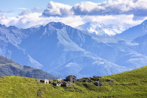 Old ruins on crest of Monti Lariani, Como province, Lombardy, Italy