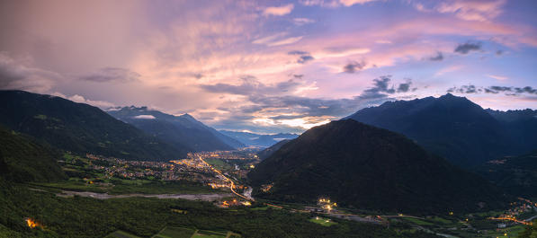 Panoramic of lower Valtellina at sunset from Campo Tartano, Val Tartano, Sondrio province, Lombardy, Italy