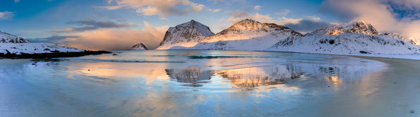 Panoramic of Haukland beach, Vestvagoy, Nordland, Lofoten Islands, Norway