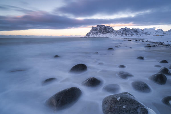 Uttakleiv beach covered with snow, Vestvagoy, Nordland, Lofoten Islands, Norway