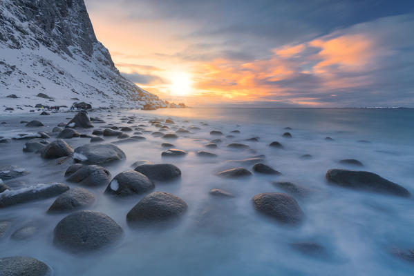 Sunset over Uttakleiv beach, Vestvagoy, Nordland, Lofoten Islands, Norway