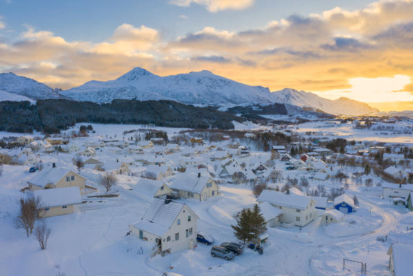 Traditional houses covered with snow, Leknes, Vestvagoy, Lofoten Islands, Norway