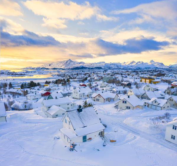 Aerial panoramic of Leknes town after a snowfall, Vestvagoy, Lofoten Islands, Norway