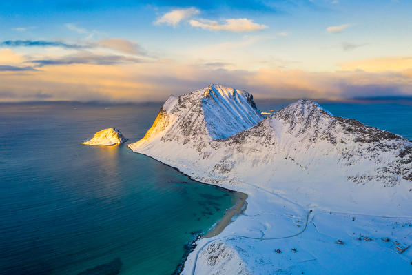 Aerial view of Haukland beach after a snowfall, Vestvagoy, Nordland, Lofoten Islands, Norway