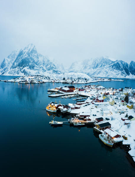 Aerial panoramic of Reine village at dusk, Nordland, Lofoten Islands, Norway