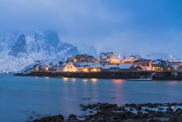 Fishing village of Sakrisoy at dusk, Reine, Nordland, Lofoten Islands, Norway