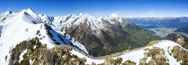 Aerial panoramic of Pizzo Dei Galli, Monte Olano, Monte Legnone and Lake Como, Orobie Alps, Val Gerola, Valtellina, Lombardy, Italy