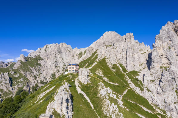 Aerial view of Rifugio Rosalba hut at feet of Grignetta (Grigna Meridionale), Lake Como, Lecco province, Lombardy, Italy