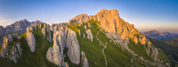 Aerial panoramic of Grignetta (Grigna Meridionale) and Rifugio Rosalba, Lake Como, Lecco province, Lombardy, Italy