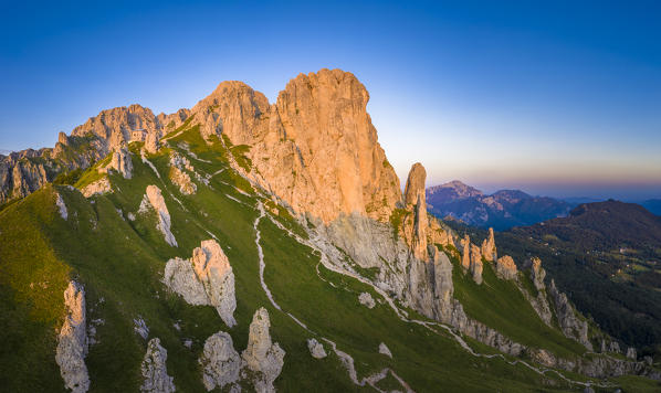 Aerial panoramic of Grignetta (Grigna Meridionale), Torre Cinquantenario, Torre Cecilia and Rifugio Rosalba, Lecco, Lombardy, Italy