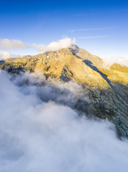 Aerial view of Piz Tambò in a sea of clouds during autumn, Valle Spluga, Valchiavenna, Valtellina, Sondrio province, Lombardy, Italy