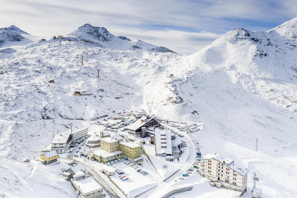 Stelvio Pass covered with snow, aerial view, Sondrio province, Valtellina, Lombardy, Italy