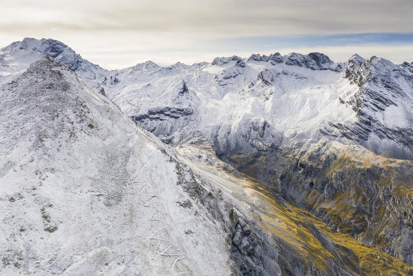 Cresta di Reit and Ables Pass in autumn, aerial view, Braulio Valley, Bormio, Valtellina, Sondrio province, Lombardy, Italy