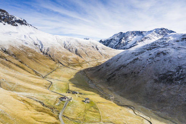 Huts in the autumnal landscape, aerial view, Braulio Valley, Stelvio National Park, Bormio, Sondrio, Valtellina, Lombardy, Italy