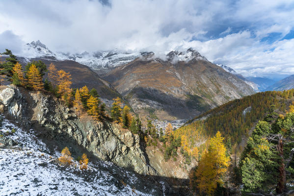 Colorful larch trees and woods in autumn, Zermatt, canton of Valais, Switzerland