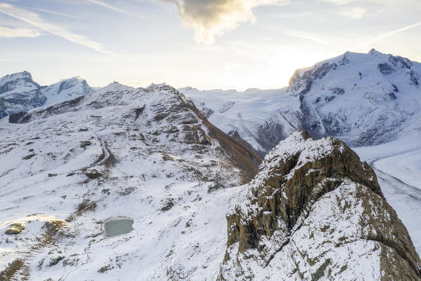 Snowcapped mountains surrounding Monte Rosa Glacier, aerial view, Zermatt, canton of Valais, Switzerland