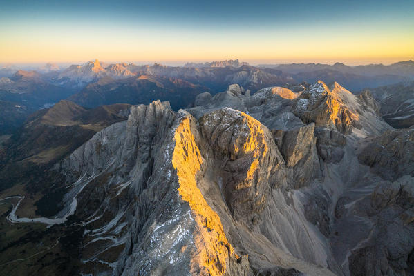 Aerial view of Catinaccio Di Antermoia at sunset in autumn, Sciliar-Catinaccio Natural Park, Dolomites, South Tyrol, Italy