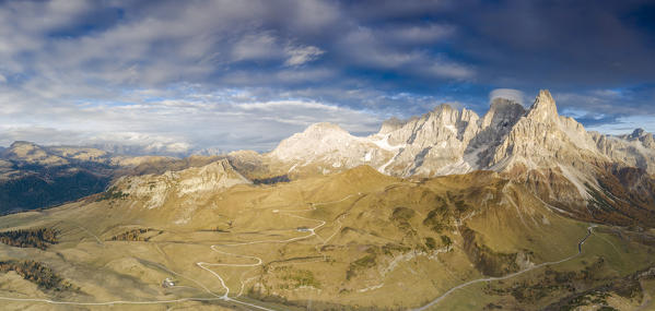 Aerial panoramic of Cimon della Pala and Castellaz in autumn, Pale di San Martino, Rolle pass, Dolomites, Trentino, Italy