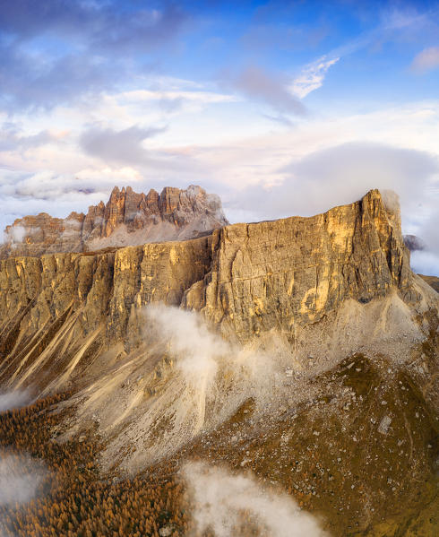 Sunset over Lastoi De Formin and Cima Ambrizzola in autumn, aerial view, Giau Pass, Dolomites, Belluno province, Veneto, Italy