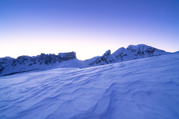 Lastoi De Formin and Giau Pass covered with snow at dusk, Dolomites, Belluno province, Veneto, Italy