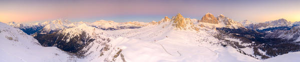 Giau Pass, Marmolada, Ra Gusela, Nuvolau, Averau, Tofane and Cristallo mountains at dawn, aerial view, Dolomites, Veneto, Italy