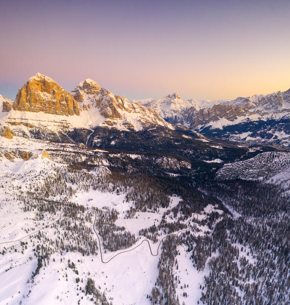 Panoramic of Tofane and Monte Cristallo surrounded by snowy woods at sunrise, aerial view, Giau pass, Dolomites, Veneto, Italy