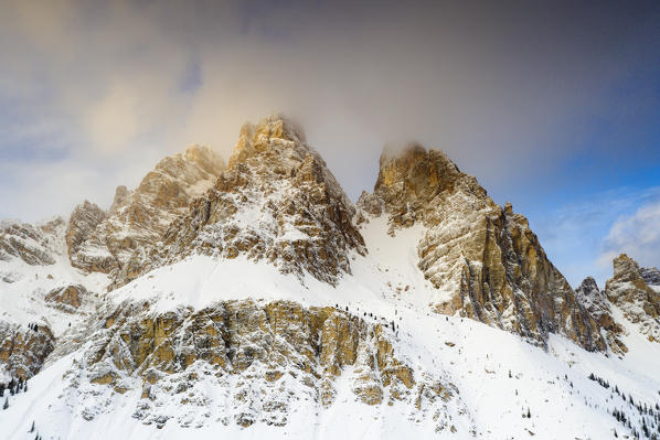 Snow capped peak of Monte Cristallo seen from Passo Tre Croci, Dolomites, Belluno province, Veneto, Italy