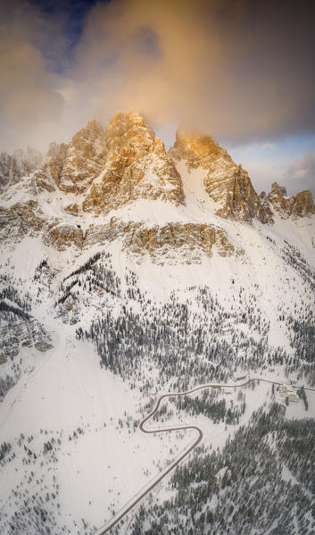 Aerial panoramic of Monte Cristallo covered with snow from Passo Tre Croci, Dolomites, Belluno province, Veneto, Italy