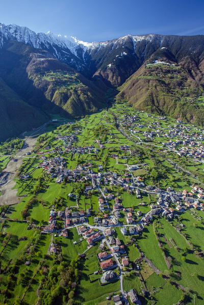 Aerial shot of  the village of Talamona, Valtellina, Lombardy Italy Europe