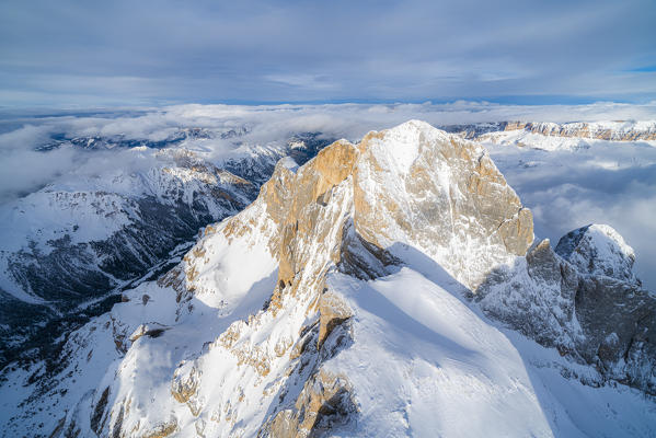 Aerial view of Gran Vernel peak in winter, Marmolada group, Dolomites, Trentino-Alto Adige, Italy