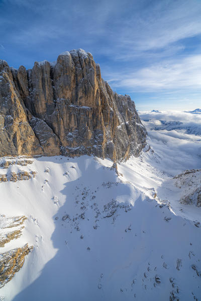 Winter aerial view of south face of Marmolada and Colle Ombretta, Dolomites, Trentino-Alto Adige, Italy