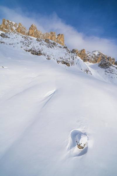 Deep snow surrounding Pordoi Pass, aerial view, Dolomites, Trentino-Alto Adige, Italy