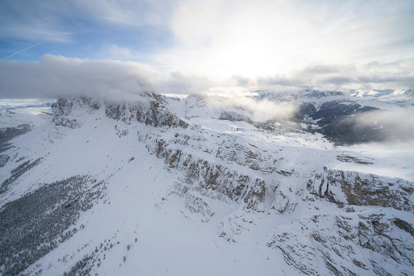 Seceda and Odle mountain range in winter, aerial view, Val Gardena, Dolomites, Trentino-Alto Adige, Italy