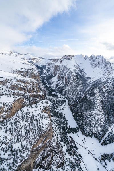 Aerial view of Vallunga, Monte Stevia and Cir group in winter, Val Gardena, Dolomites, Trentino-Alto Adige, Italy